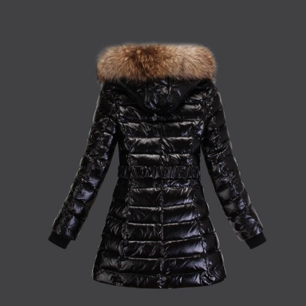 Moncler Moda Nero Pelliccia Cappuccio e Cintura caldo Cappotti